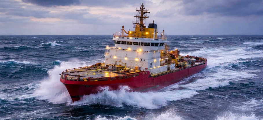 Red offshore vessel with white superstructure and yellow details navigating through rough seas in stormy weather with all lights on.